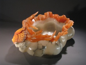 Seaform with Tentacles and Shells Alabaster bowl with translucent orange rim of Bryce Canyon area Alabaster and clam shell.